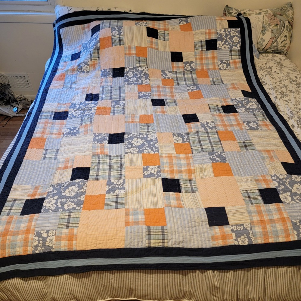 Nautica Twin Patchwork Quilt Navy Blue Orange 100% Cotton Bedcover Quilted Plaid